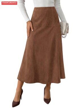 High Waist Faux Suede A Line Midi Skirt for Work